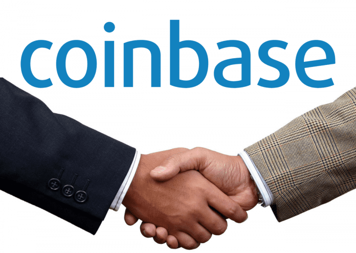 Logo de Coinbase con unas manos dándose un apretón en señal de acuerdo.