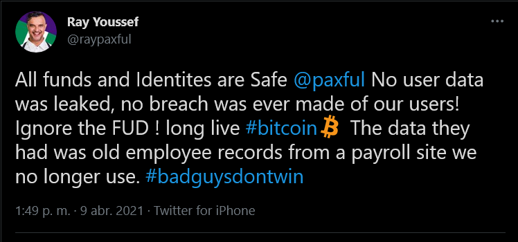 paxful ceo Ray Youseef tuit