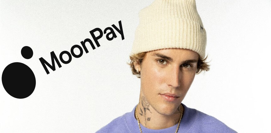 Imagen del logo de Moon Pay y Justin Bieber