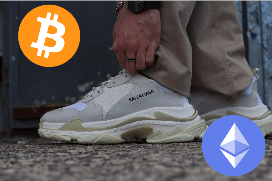 Imagen de unas zapatillas Balenciaga y los logos de Ethereum y Bitcoin.