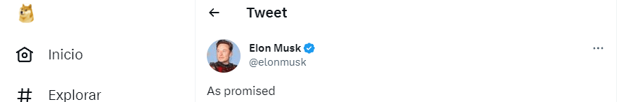 Imagen del perfil de Elon Musk en Twitter, donde se ve que el logo ha sido sustituido por el de DOGE.